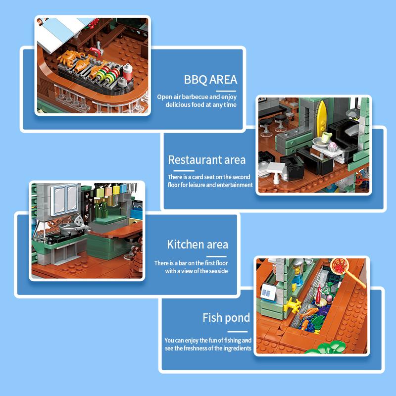 2096PCS Harbor Restaurant Building Blocks Seaside Street View House Construction MOC Bricks Toys Детские рождественские подарки без коробки