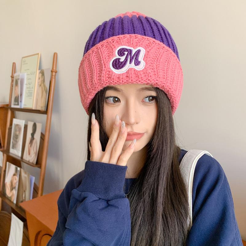 Autumn and winter double-spell wool hat, piled and thickened labeling, cute air-cooled hat, outdoor cold-proof and warm personalized knitted hat