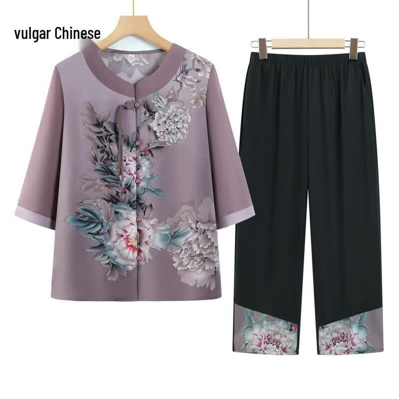 Elegant New Chinese Style Summer Blouse & Pant Set for Senior Women XL