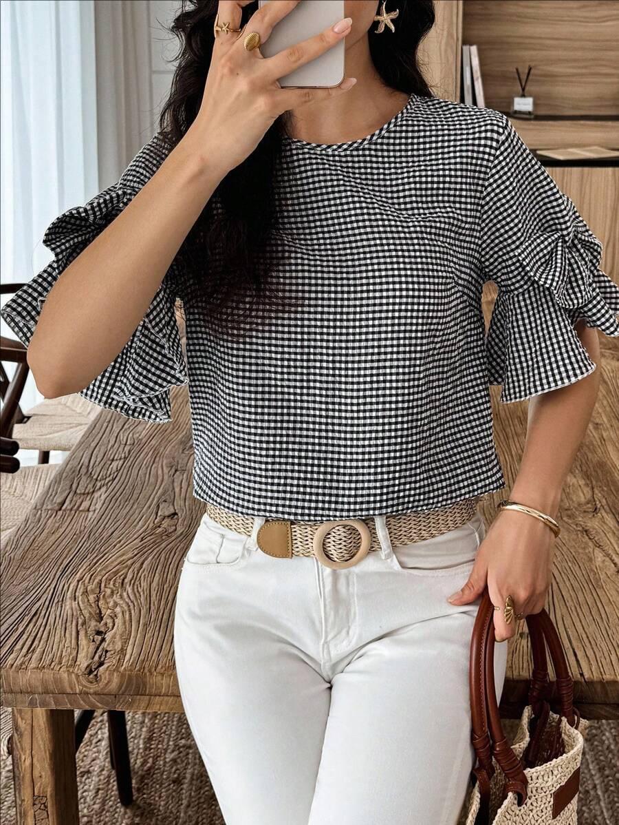 Women Casual Plaid Blouse With Bow Decor Ruffled Cuffs S