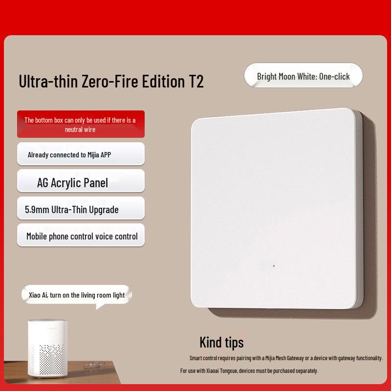 Ultra-thin Skin-feel Smart Switch with Bluetooth Mesh 2.0 and Voice Control, Integrated with Mijia App