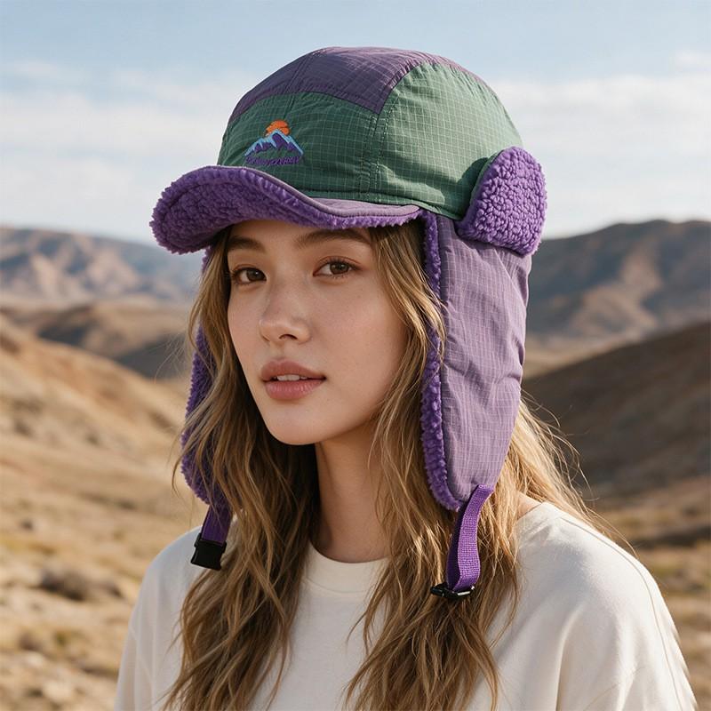 Unisex Winter Aviator-Style Earflap Hat With Embroidered Patch Windproof Warm Fleece Cap Skiing Hiking Outdoor