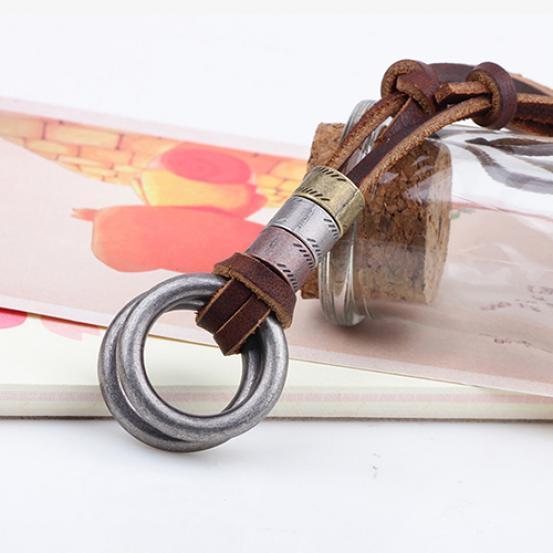 Mode män retro konstläder sladd dubbel cirkel ring hänge halsband gåva