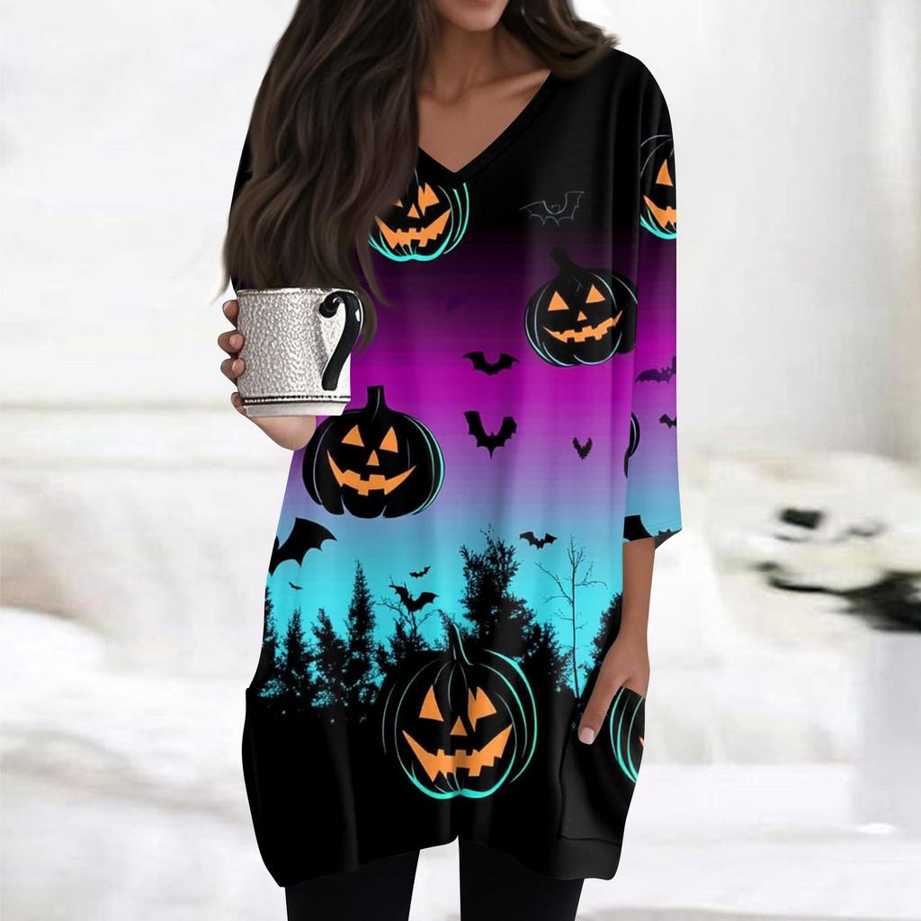 Damen Oberteile V-Ausschnitt 3/4 Ärmel Blusen Lässige Mittellange Hemden Mode Halloween Print Tunika Oberteile Mit Taschen