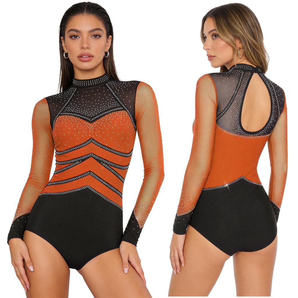 S-XXL Damen Performance Bodysuit: Rhinestone-Netz-Langarm mit Rückenausschnitt & Druckknöpfen im Schritt für Gymnastik, Eiskunstlauf