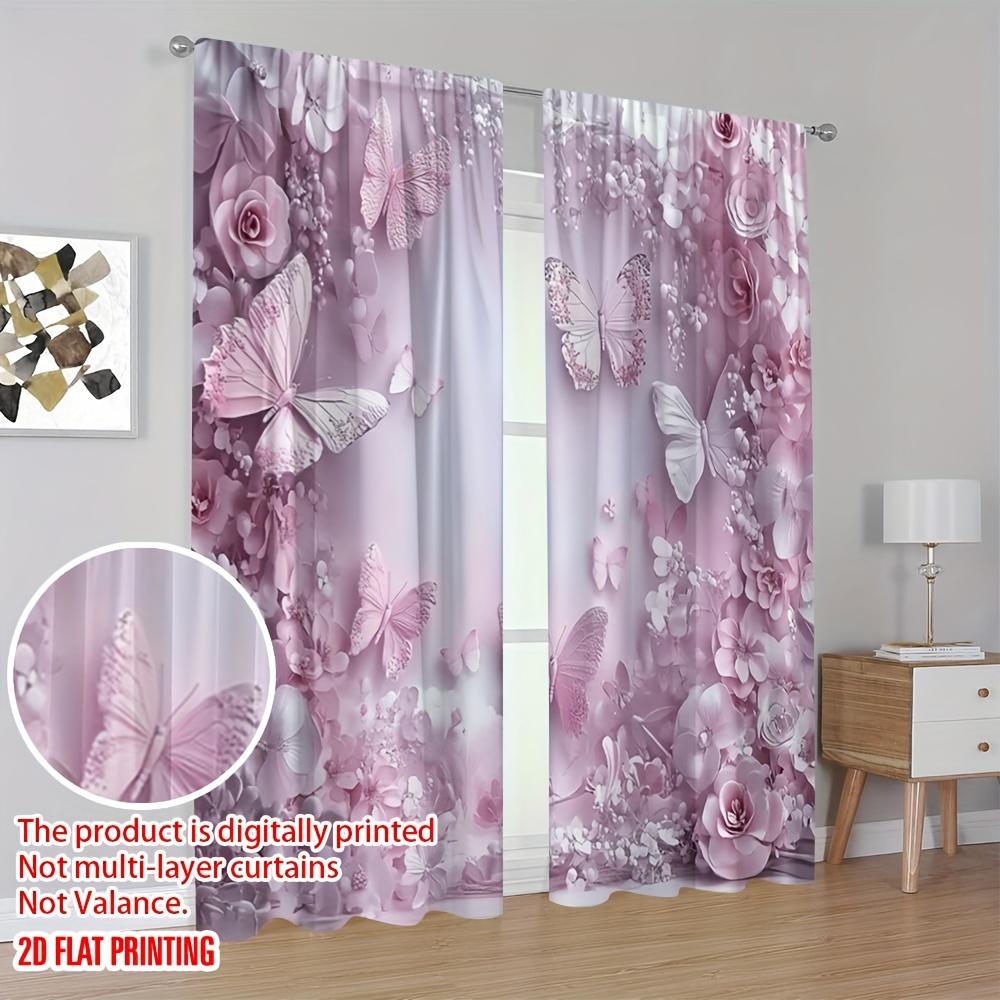 2 Pcs 2D Butterfly & Pink Daisy Sheer Curtains – Spring Party & Holiday Decor for Home