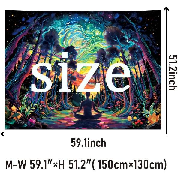 Heopapin Blacklight Psychedelic Forest Meditation Tapestry UV Reactive Cosmic Galaxy Starry Sky Wall Art Tapestry Trippy Yoga Spiritual Chakra Wall