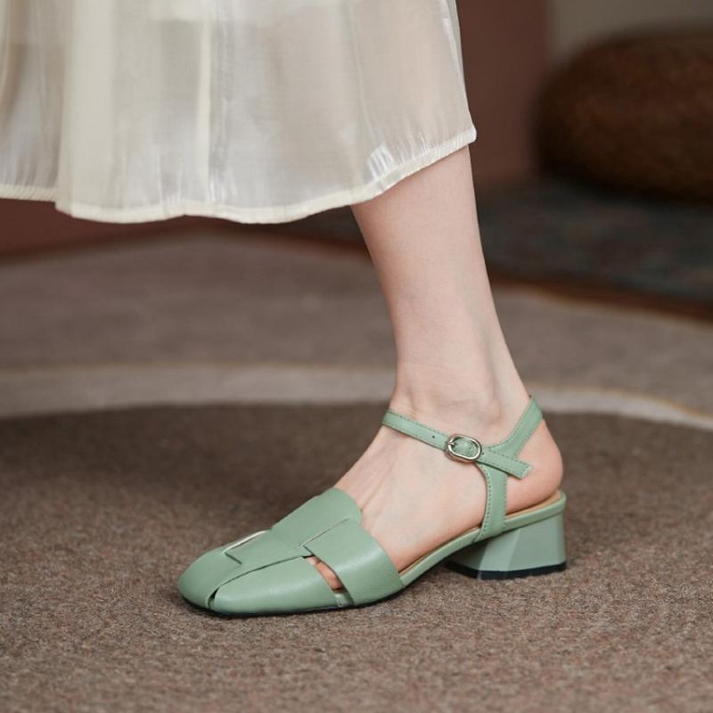 Cow Leather Square Toe Thick Med Heels Autumn Summer Buckle Straps Shoes Hollow Decorations Women Shallow Sandals
