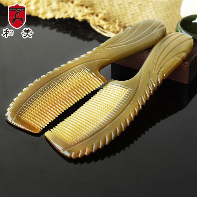Natural textured yak horn head massage comb, long handle horn carved comb 20cm large yak horn comb