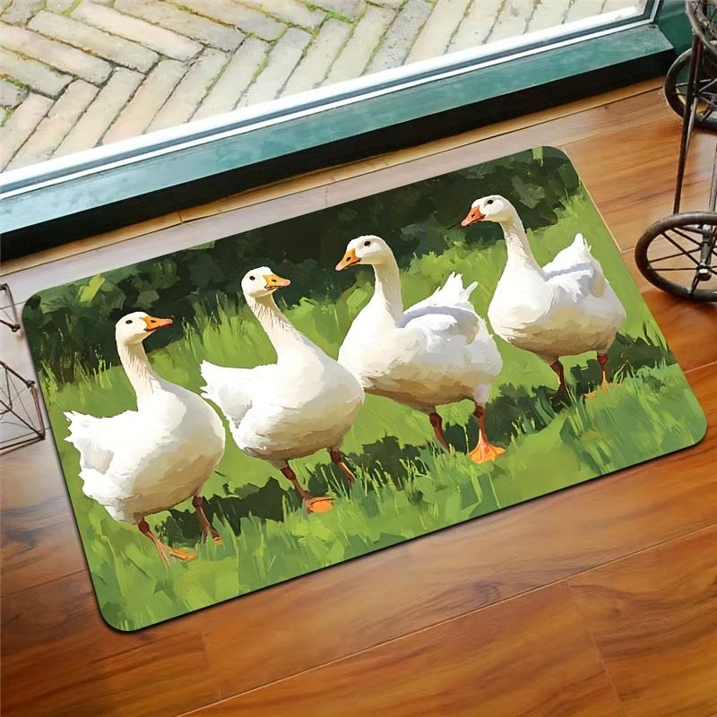Versatile 8mm Oil Painting Design Rug - White Goose On Lawn | Machine Washable Polyester Floor Mat for Gaming Room, Bathroom, Ki