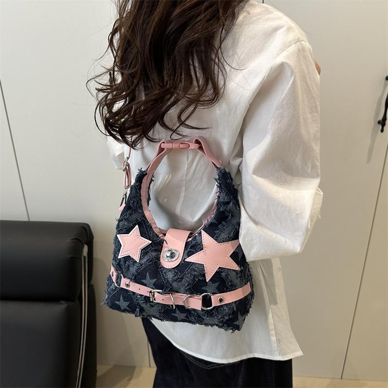 Pink Star Purse and Handbags Aesthetic Plaid Denim Shoulder Bag Punk Leisure Outdoor Crossbody Bag For Women