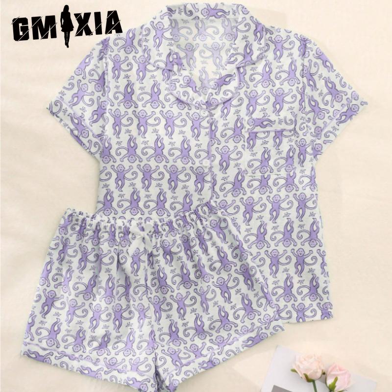 

GMXIA Женский модный кардиган с принтом, мягкий, с воротником поло, с коротким рукавом, шорты, пижама, домашняя одежда M светло-фиолетовый