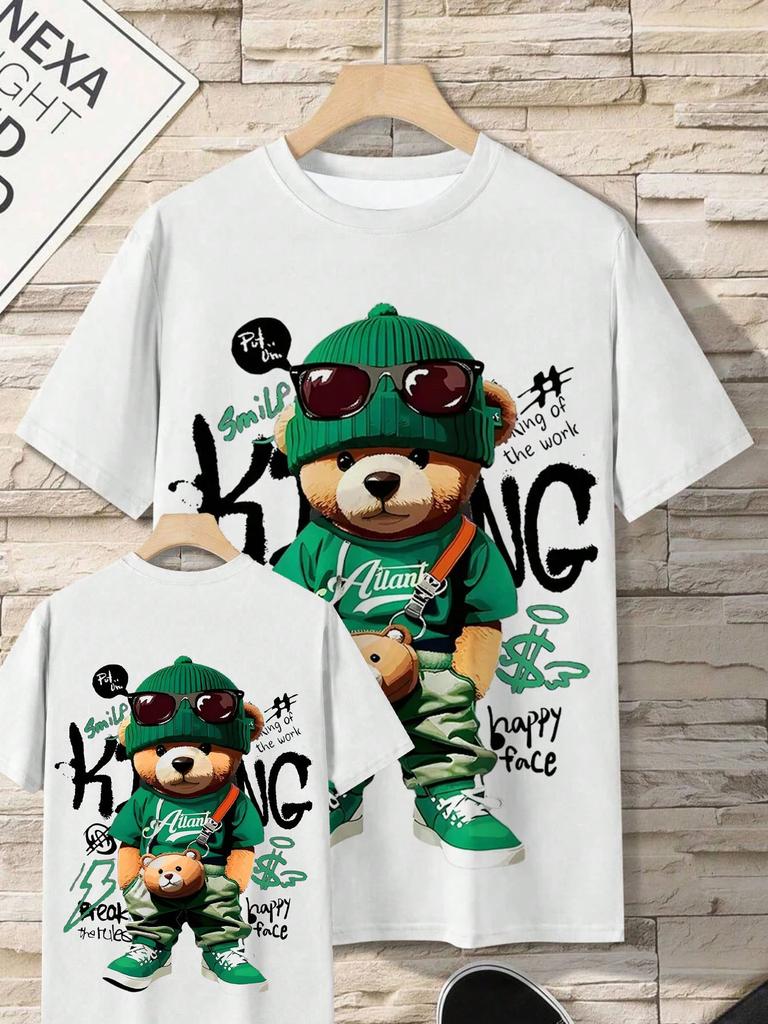 Summer Mens Street Cartoon Teddy Bear Pattern Tshirt Comfortable Casual Outdoor O-Neck Short Sleeve Polyester Fabric Tee Y2K Top