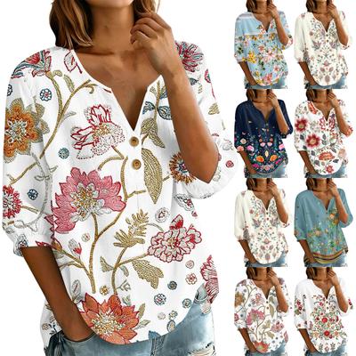 Women Floral Print Henley Button Neck Shirt Three Quarter Sleeve Cotton Linen Blouse Casual Loose Fit Top