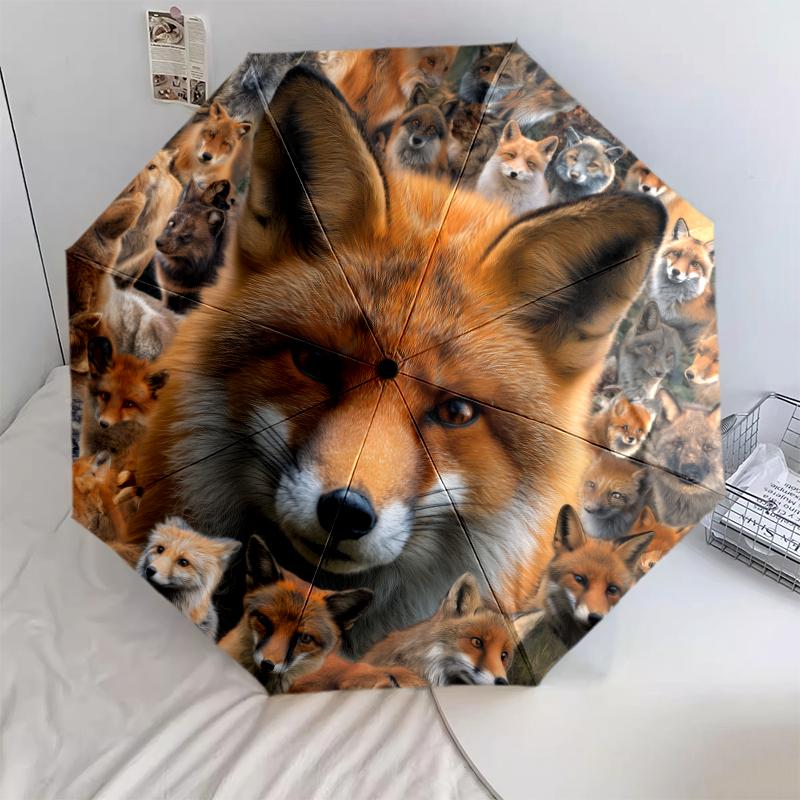 Fuchs-Muster, automatisch faltbarer Regenschirm, tragbares und faltbares Design, 8 Schirmrippen, ein Weihnachts- oder Geburtstagsgeschenk.