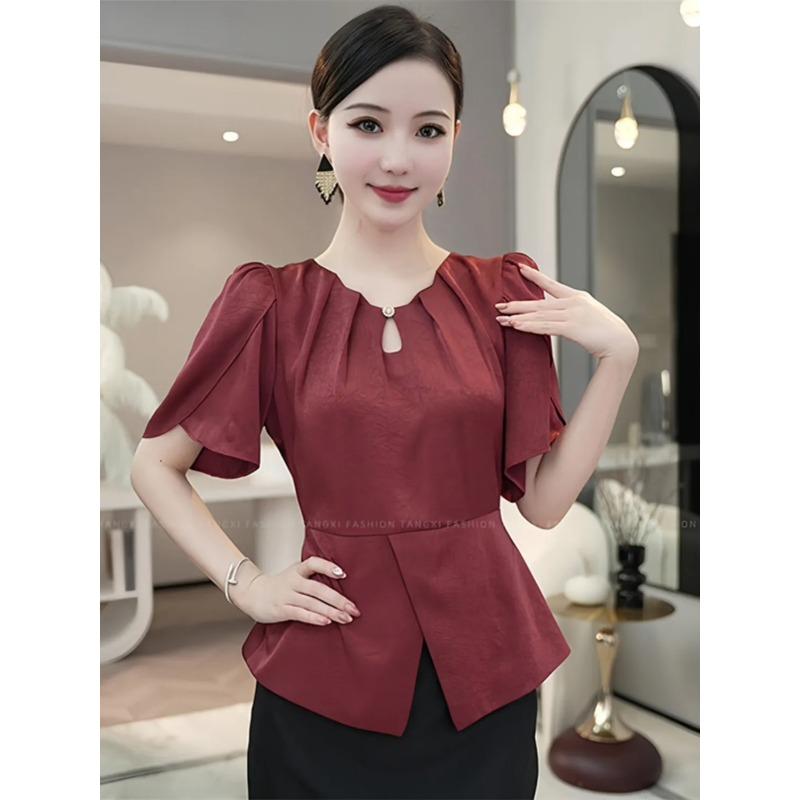

Shirt New Style Women s Summer Chic Fashionable Satin Red Short Sleeve Top S червоний