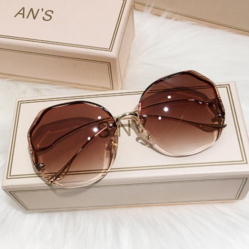 Luxury Round Gradient Sunglasses Women Metal Curved Temples Eyewear Ocean Rimless Fashion Sun Glasses Ladies Uv400