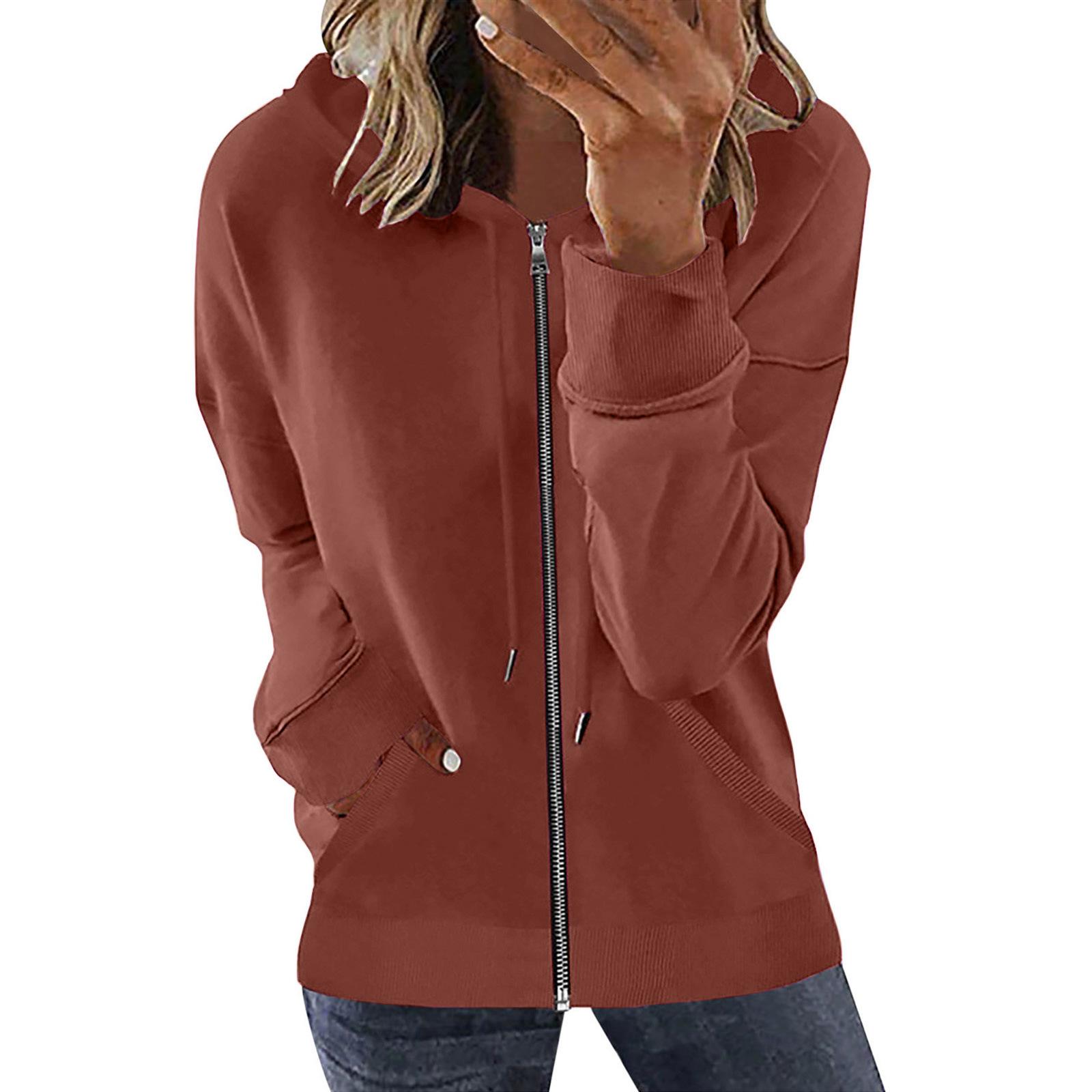 

women s Loose Fit Solid Color Zip Up Hooded Long Sleeve Sweatshirt Casual Pocket Hoodie Top 2XL brick червоний колір