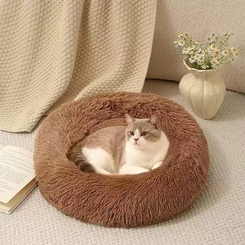 Plush Pet Bed Warm Dog Bed Cat Bed Winter Dog House Cat House Soft Cozy Round