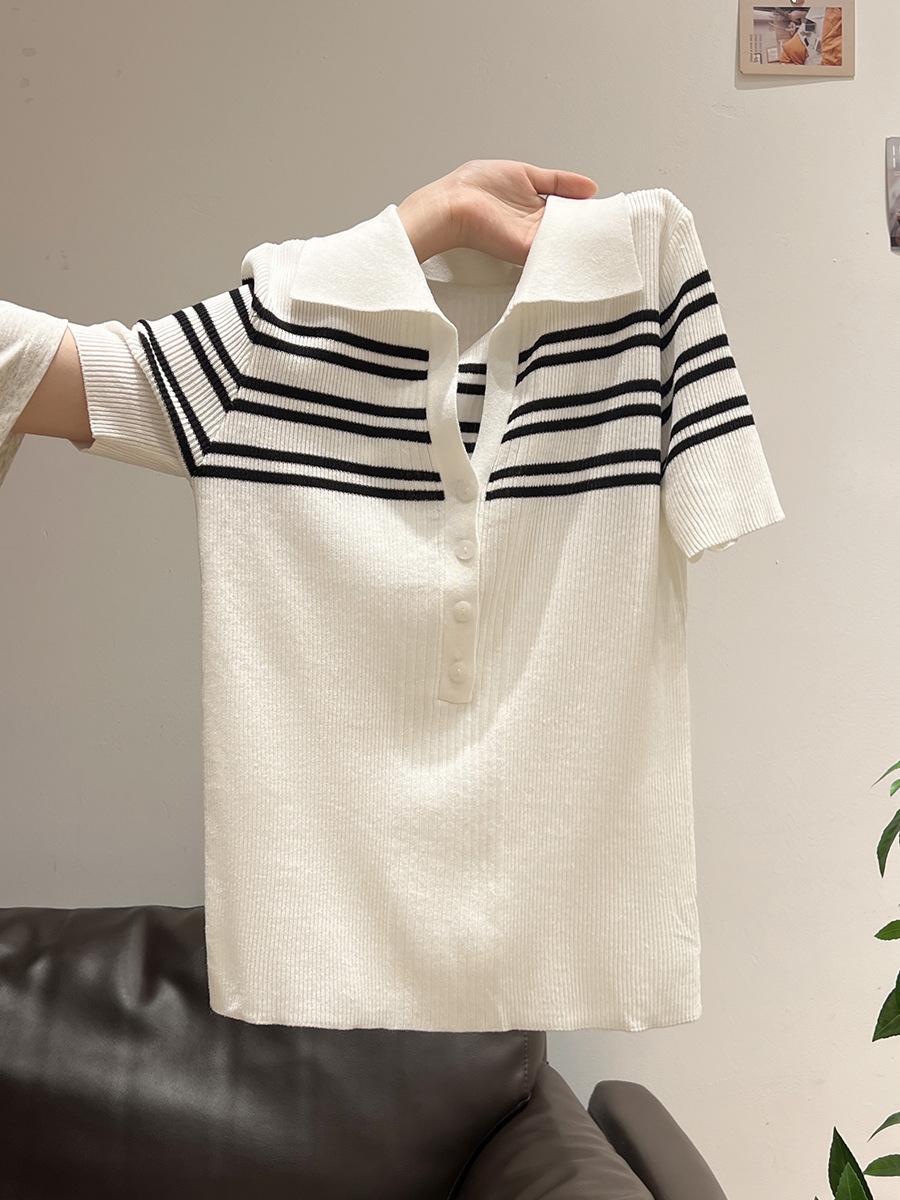 

Korean button-up semi-open neck short-sleeved t-shirt striped knitted sweater women s slim-fitting and thin summer beautiful slim-fitting small top One size fits all белый