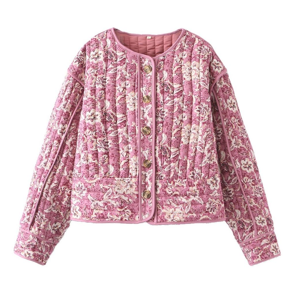 Women'S Crew Neck Cardigan Flower Pattern Cotton Jacket