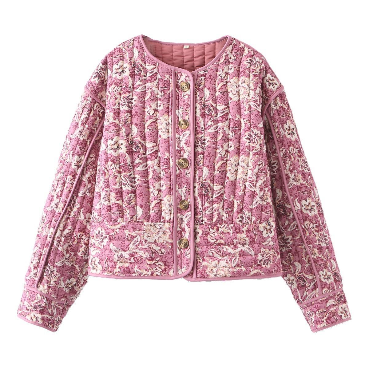 

Women S Crew Neck Cardigan Flower Pattern Cotton Jacket S рожевий
