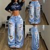 Womens High Waist Ripped Wide Leg Jeans Street Style Loose Long Denim Pants