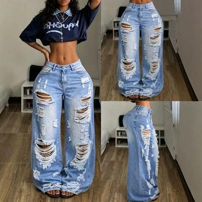 Womens High Waist Ripped Wide Leg Jeans Street Style Loose Long Denim Pants