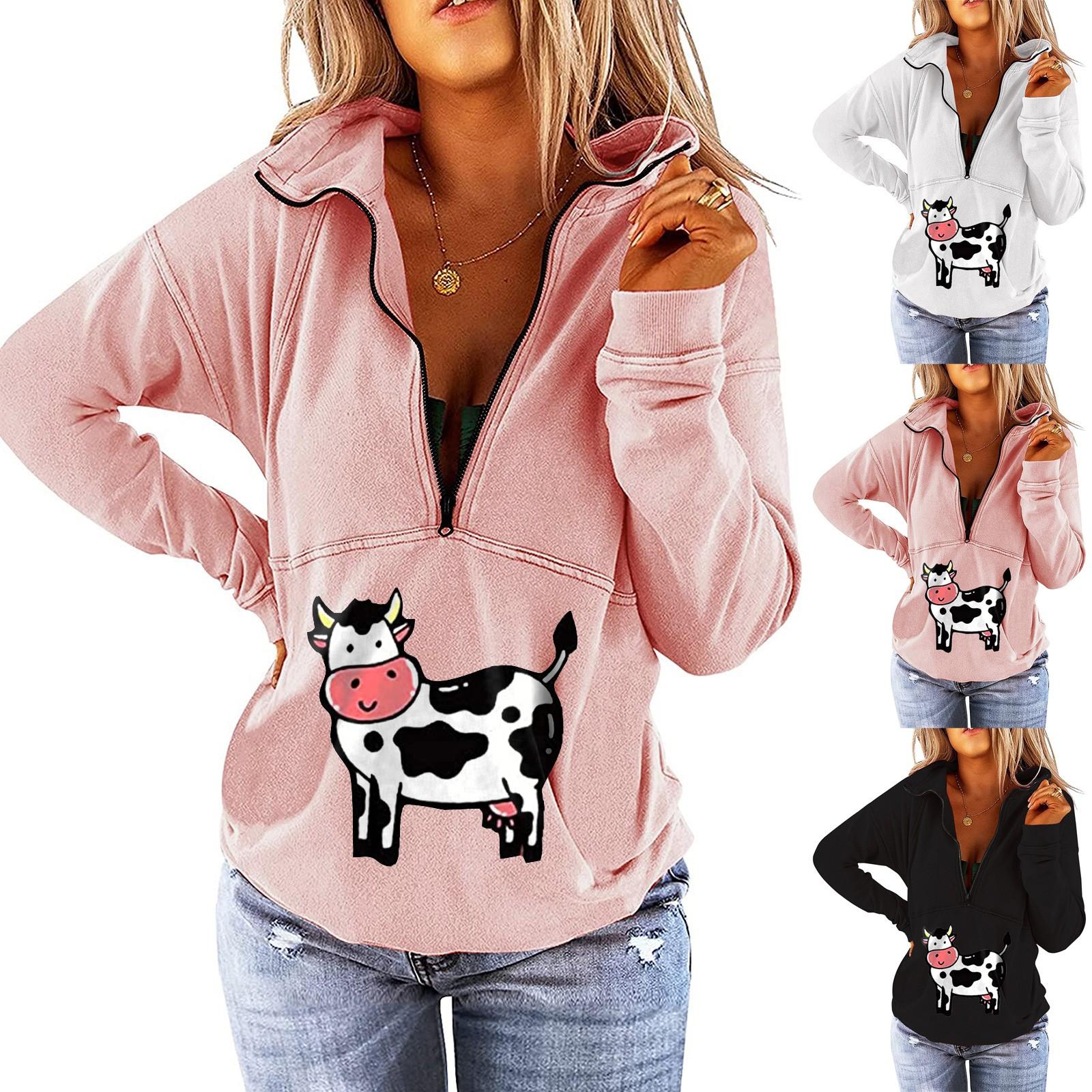 

Women s Personalized Cow Print Stand-Up Collar Long-Sleeve Stitching Zipper Sweater