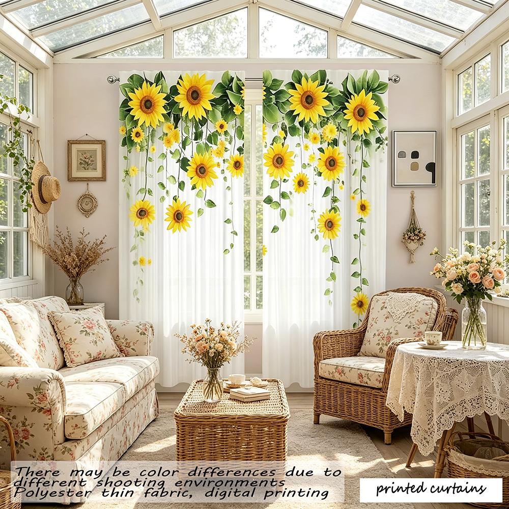 2D Graphic Design Sunflower Watercolor Sheer Curtains 2-Piece Set Machine Washable Polyester Pole Style Suitable for Living Room