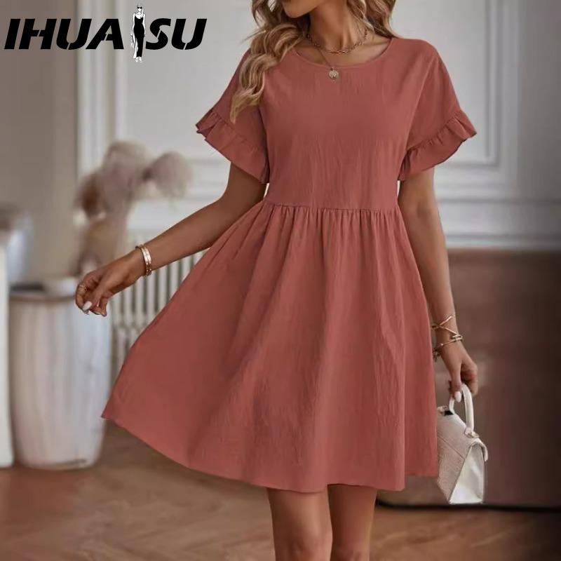 IHUASU Women's Fashion Summer Spring Solid Color Print O-Neck High Waist Casual Dresses