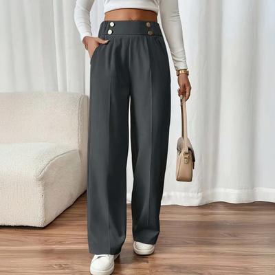 Women Leisure Pants Elastic High Waist Solid Color Long Trousers with Pockets Straight Wide Leg Commuting Work Travel Casual Pants