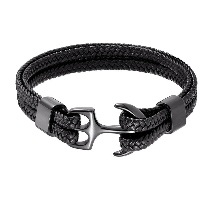 2026 Men s Titanium Steel Bracelet Black Cowhide Braided Anchor Leather Bracelet Leather Rope 19CM