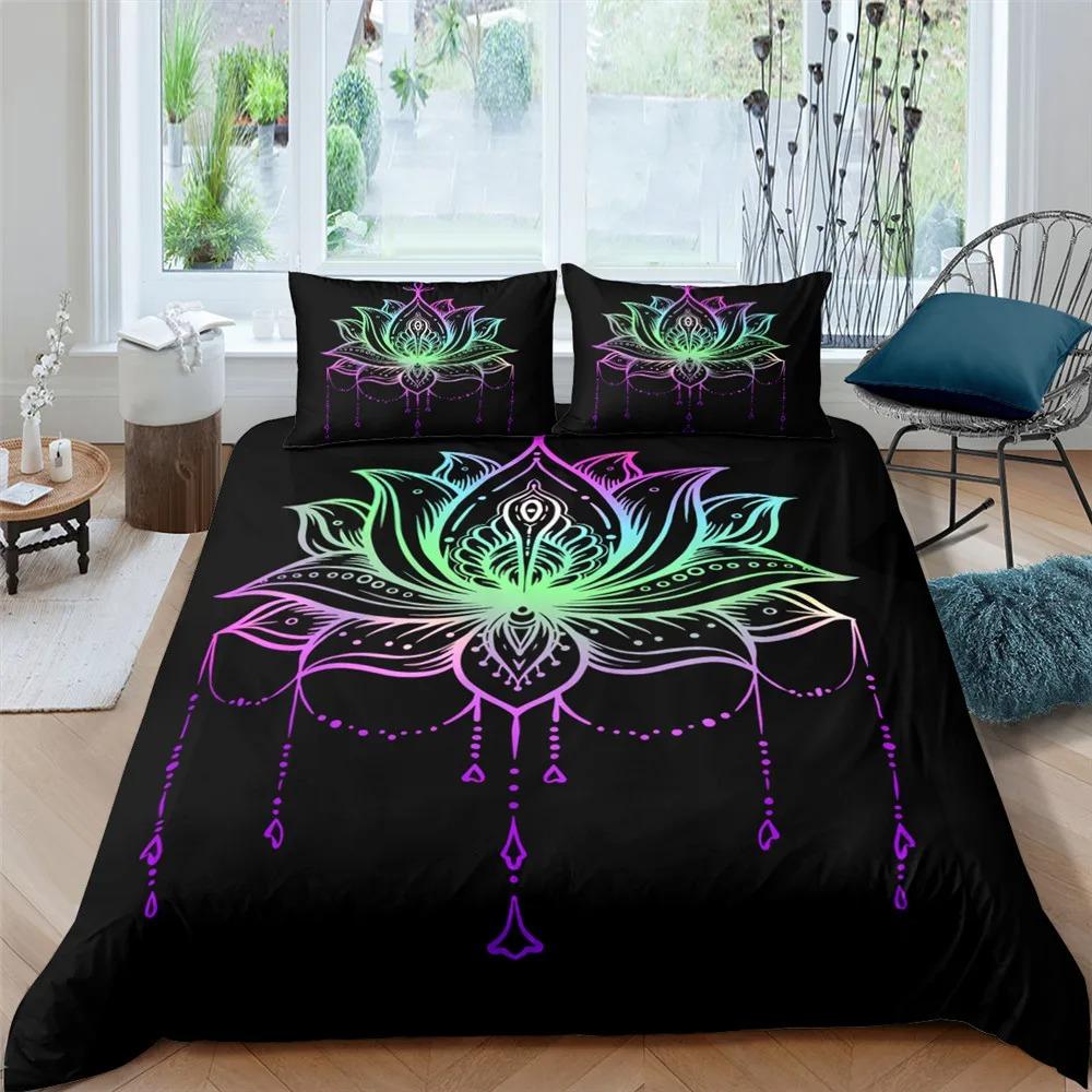Bohemian Lotus Mandala Flower Bedding Set Twin Queen Size Duvet Cover Pillowcase for Kids Adults Home Textile