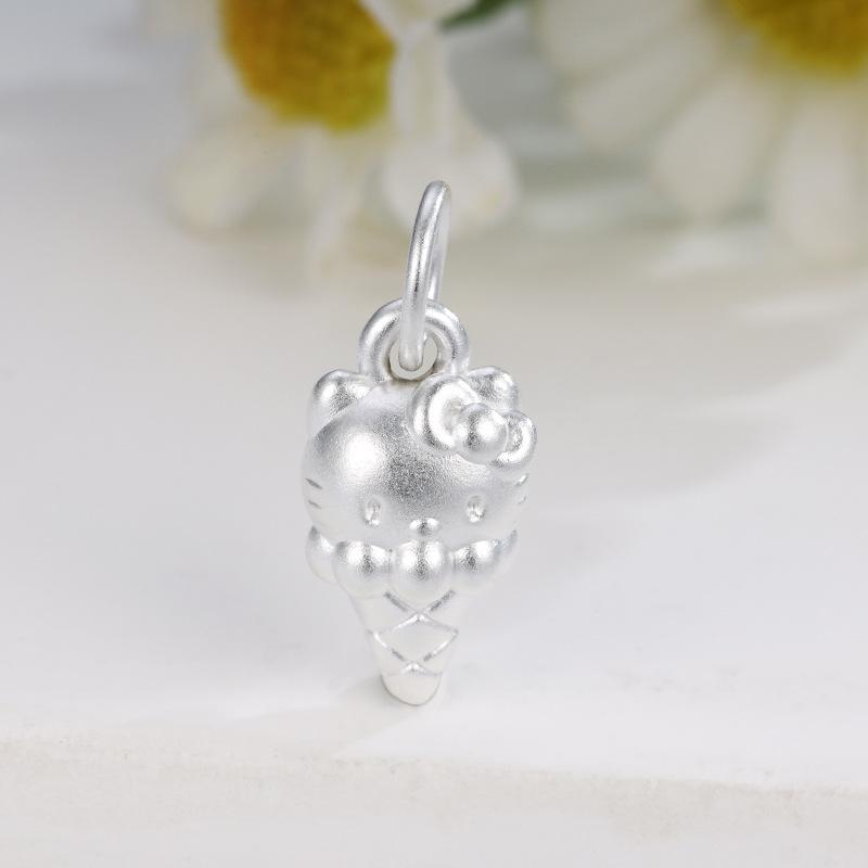 Sterling Silver 999 Hello Kitty Ice Cream Cone Charm - Cute Cartoon DIY Pendant Accessories