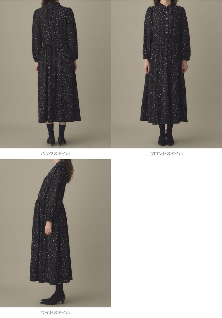 Maternity Band Waist Dot Long Open Polka Black 10492250 [ANGELIEBE] Dress, Collar, Shirring, Dress, Prenatal, Postnatal, Sleeve, Front, Nursing,