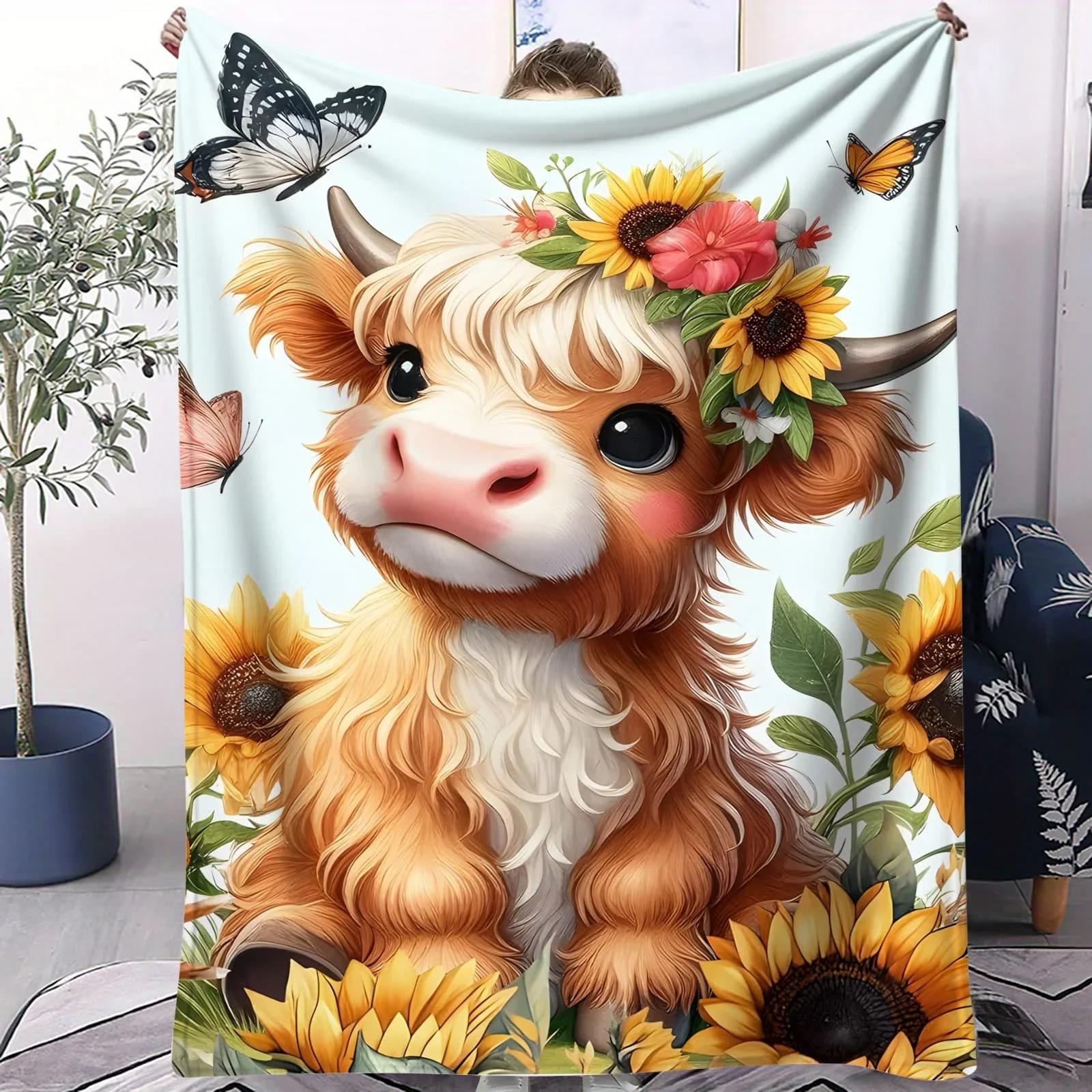 

Cute Highland Cow Flannel Blanket Flower Butterfly Bedroom Throw Sofa Kids Decor Camping Blanket Couples Family Friends Animal 70x100cm білий