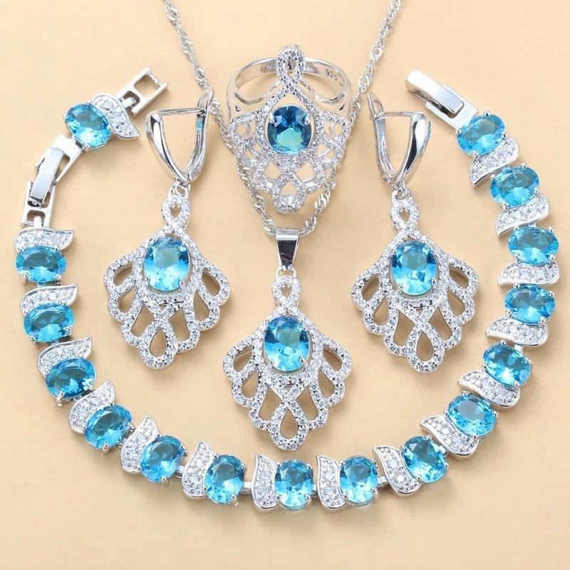 

Синие украшения с драгоценными камнями, подвеска, серьги, ожерелье и кольцо, женский комплект No.8