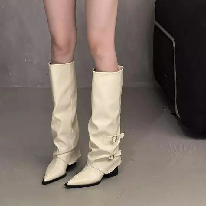 Fashion Bla High-Tube Long Boots Women's Faionable Retro Belted Pointed Toe Booties Spring Autumn PU Leather Cotton Lined Rubber ...