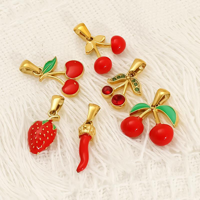 Personality High Sense Summer Fruit Strawberry Cherry Oil Drop Pendant Women'S Necklace