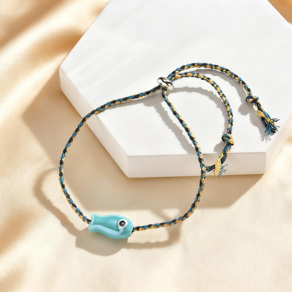 Vnox Trendy Multicolored Ocean-themed Ceramic Fish Woven Bracelet Boho Charm Rope Wristband Friendship Summer Beach Jewelry