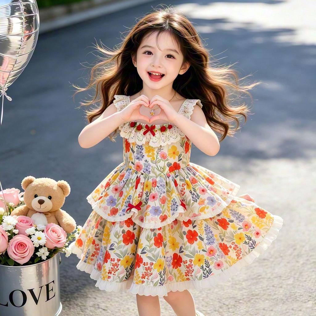 Girls Floral Cotton Dress with Lace Trim Boho Princess Summer