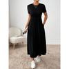 Crew Neck Solid Color Dress - Short Sleeve Drawstring Waist Side Pocket Shift Dress, Casual Breathable Cotton Tunic, Minimalist Everyday Outfit