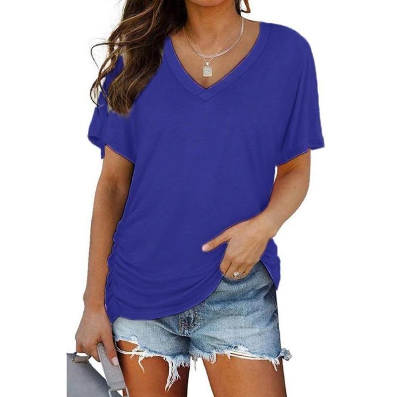 Women Casual Summer T Shirt V Neck Short Sleeve Solid Color Top Clothing