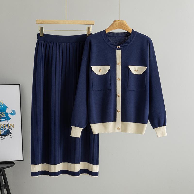 2026 Spring Women's Pleated Skirt & Round Neck Cardigan Set