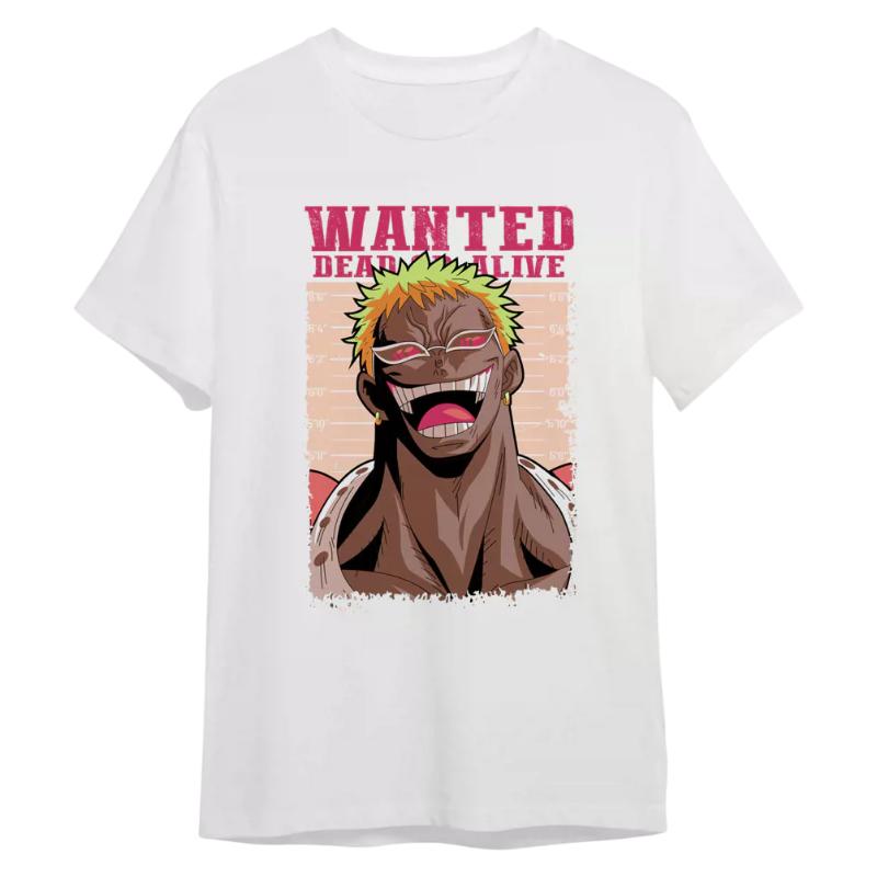 T-shirt Wanted Retro Inchiostro di China Donquixote Doflamingo One Piece Uomo Donna Vintage Cotone Anime Maglietta Casual Larga Girocollo