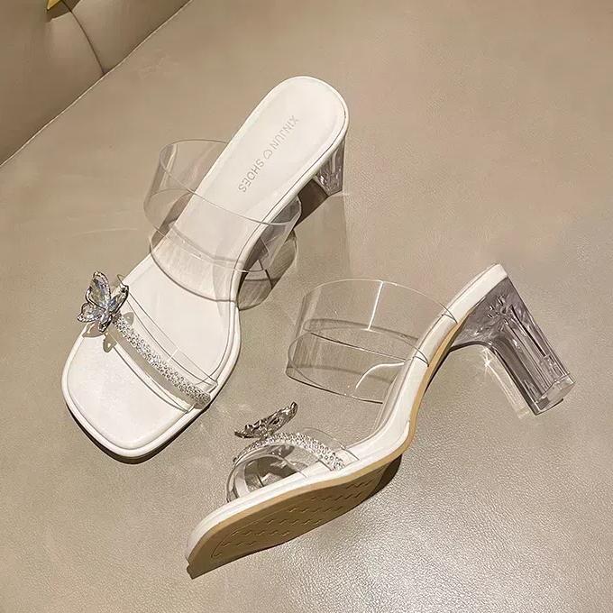 Women's Slippers 2024 Summer New Open Toed Rhinestone High Heel Slippers Female Transparent Heel Shoes for Women