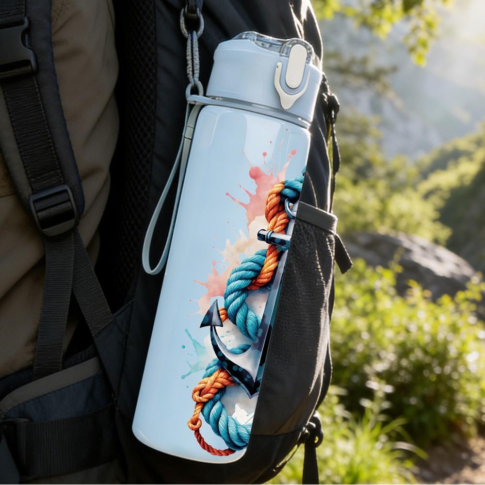 1PC Anchor Watercolor Splash Print 750ml Color Plastic Sports Water Bottle Leakproof Flip Straw Lid Suitable for Sports Office Home Use
