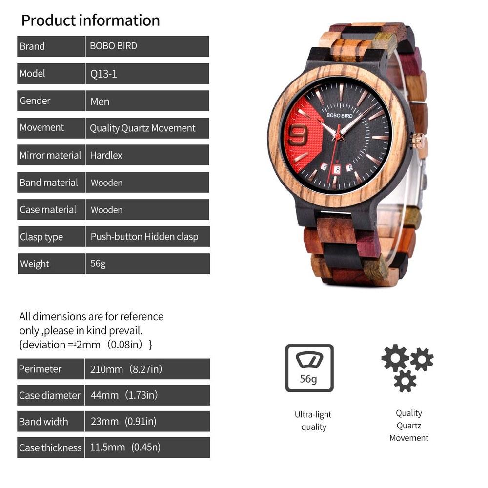 BOBO BIRD Men's Colorful Wooden Watch Analog Quartz Date Display Handmade Luxury Casual Watch Gift Box
