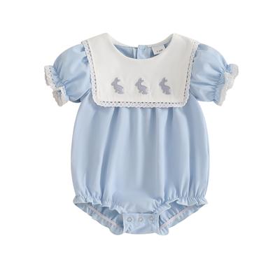 Baby Girl Easter Romper Short Sleeve Round Neck Bunny Embroidery Bodysuit Newborn Outfit